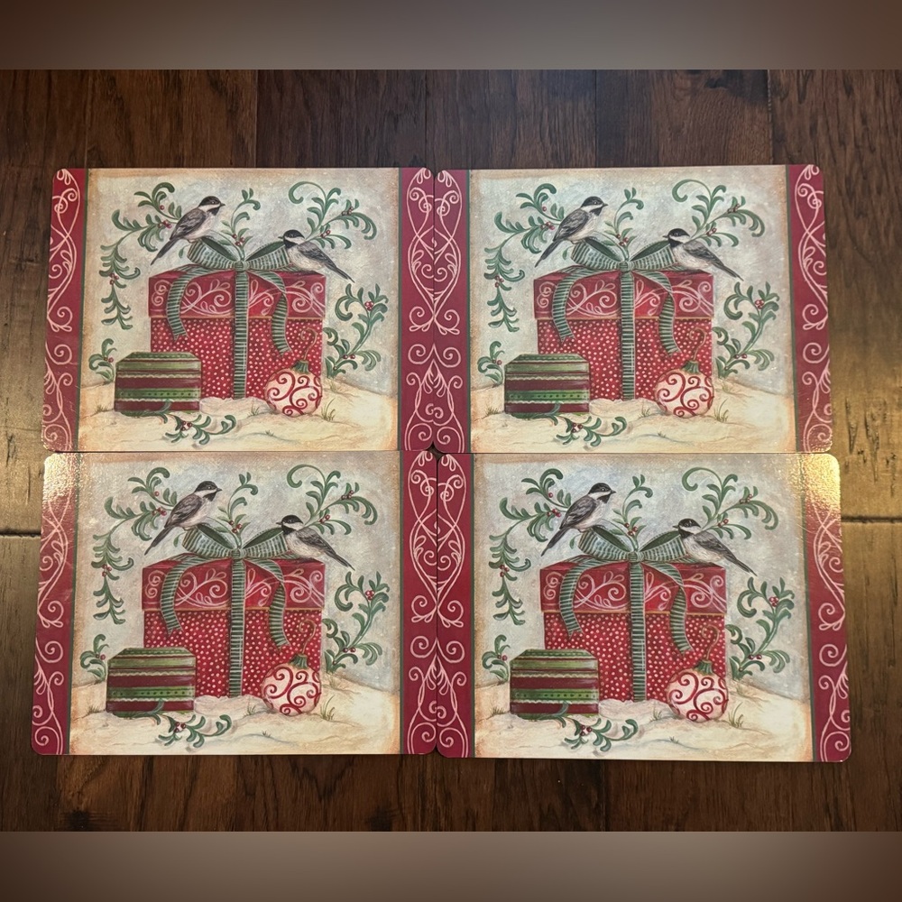 Set of 4 Christmas Holiday Bird and Gift Cork Placemats